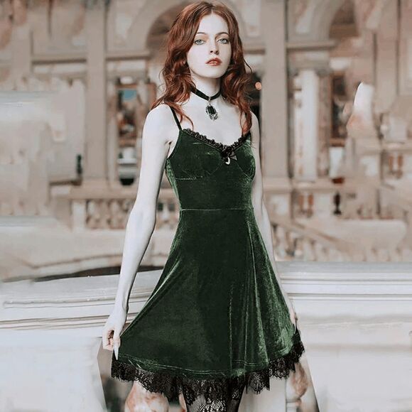 Gothic Lolita Vintage Retro Lace Trim Green Velvet Party Slip Dress SIZE L NEW - Picture 6 of 16